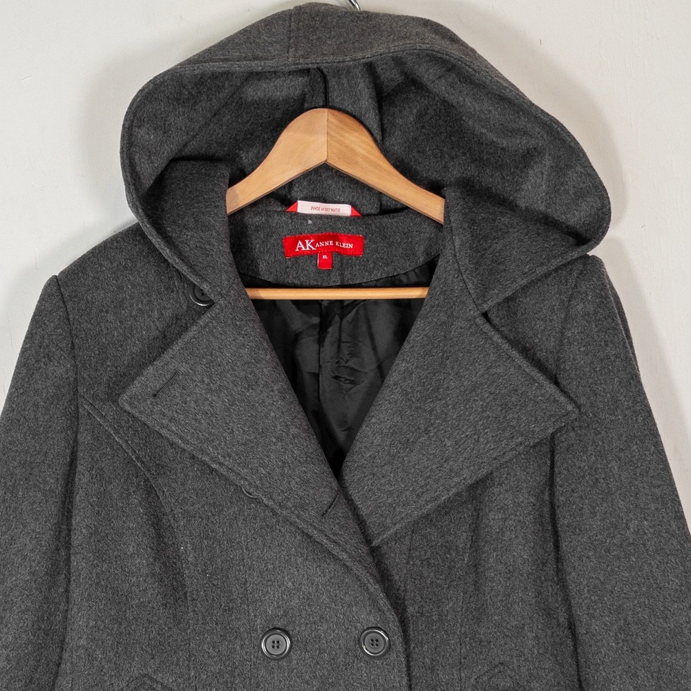 Anne Klein Gray 100% Wool Pea Coat Womens XL Hooded Quiet Luxury Jacket